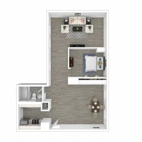 A diagram of a small apartment with a bedroom, living room, and kitchen.